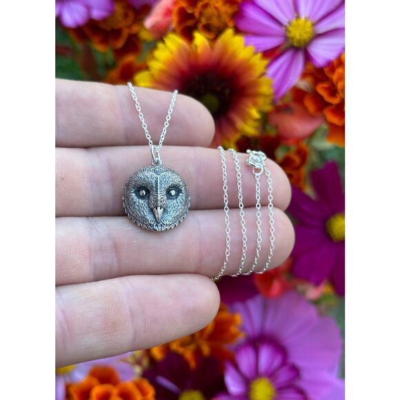 Sterling Silver Barn Owl Face Necklace, Silver Barn Owl Face Necklace - Picture 2 of 4